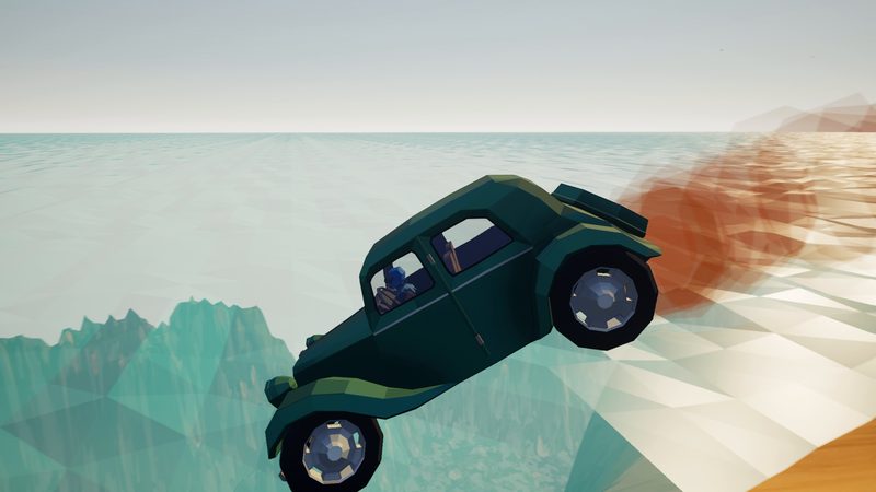 Ein Auto springt über die Küste
