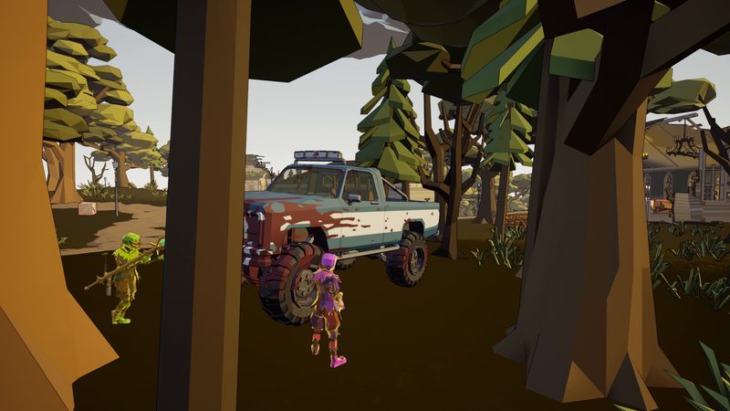 Ein Pick-up und zwei Clowns in Village